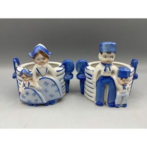 Vtg Japan Delft Style Planters Dutch Boy Girl Couple Ceramic Flower Vase‎ Pair